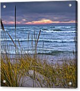 Sunset On The Beach At Lake Michigan With Dune Grass Acrylic Print