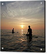 Surfers Sitting On Boards At Sunset Acrylic Print