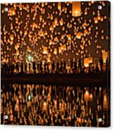 Thousands Of Lanterns In The Sky With The Reflection On The Water With People Watching.yeepeng Festival, Chiangmai, Thailand Acrylic Print