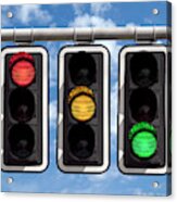 Traffic Lights - Red Yellow Green Against Sky Acrylic Print