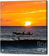 Two Men Paddling A Hawaiian Outrigger Canoe At Sunset On Maui Acrylic Print