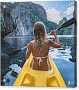 View Of A Young Woman Canoeing In Beautiful Tropical Lagoon Acrylic Print
