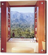 View Of Mountain Through Bathroom Window Acrylic Print