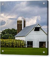 White Barn And Silo With Storm Clouds Acrylic Print