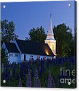 White Church At Dusk In A Field Of Lupines Acrylic Print