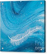 White Spiritual Feather On Pale Blue Wave By Carolyn Bennett Acrylic Print