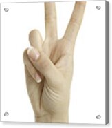 Woman Hand Showing Peace Sign Isolated On White Background Acrylic Print