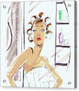 Woman In Curlers And Towel Looking Acrylic Print