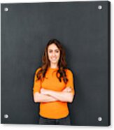 Woman In Front Of Blackboard Acrylic Print