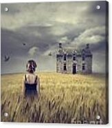 Woman Walking In Wheat Field With Abandoned House In Background Acrylic Print