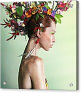 Woman Wearing A Colorful Floral Mohawk Acrylic Print