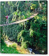 Woman With Backpack On Suspension Bridge In Rainforest Acrylic Print