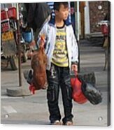 Young Boy Carrying A Dead Chicken To School Acrylic Print