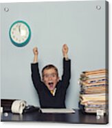 Young Business Boy Celebrates With Work Finished Acrylic Print