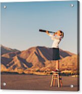 Young Business Girl Looks Through Telescope Acrylic Print