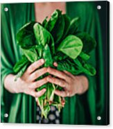 Young Woman Holding Spinach Leafs Salad Acrylic Print