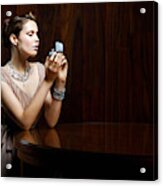 Young Woman Looking At Engagement Ring In Box Acrylic Print