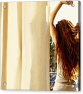 Young Woman Stretching Arms, Looking Out Window, Rear View Acrylic Print