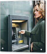 Young Woman Using Atm Acrylic Print
