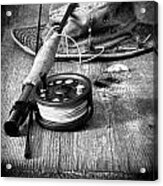 Fly Fishing Equipment With Old Hat On Bench #1 Acrylic Print