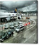 #airport #manchester #plane #car #cloudy Acrylic Print