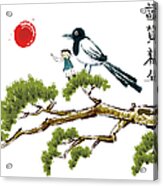 Drawing Of Boy And Bird On Tree Acrylic Print