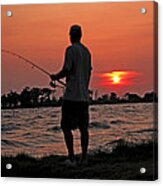 Fisherman And Lighthouse Sunset Acrylic Print