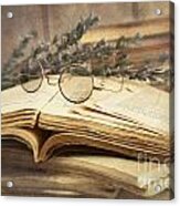 Old Books Open On Wooden Table Acrylic Print