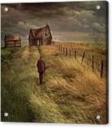 Old Man Walking Up A Path Of Tall Grass With Abandoned House In Acrylic Print