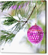 Pink Christmas Ornament On Snowy Pine Tree Branch Acrylic Print