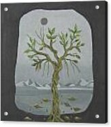 Surreal Landscape Framed  With Tree Falling Leaves Moon Mountain Sky Acrylic Print