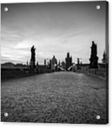 Charles Bridge At Sunrise, Prague, Czech Republic. Statues, Medieval Towers In Black And White #1 Acrylic Print