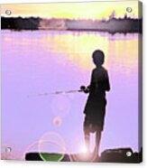 Silhouetted Boy Fishing At Sunset #1 Acrylic Print