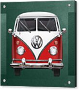 Volkswagen Type 2 - Red And White Volkswagen T 1 Samba Bus Over Green Canvas Acrylic Print