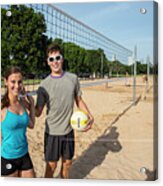 Young Fit Couple On The At The Zilker Park Sand Volleyball Courts With Volleyball On Sunny Summers Day #2 Acrylic Print