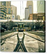 Streetcar Waiting For Passengers In Snowstrom In Uptown Charlott #3 Acrylic Print