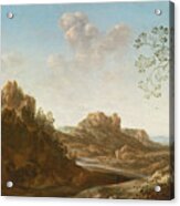 A Panoramic River Valley Landscape With Figures And Village Below Acrylic Print