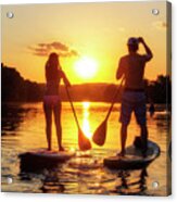 A Silhouette Of A Couple On A Stand-up Paddle Boards Sup At Sunset On Lady Bird Lake In Austin Texas Acrylic Print