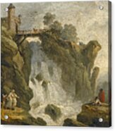 An Artist Sketching With Other Figures Beneath A Waterfall Acrylic Print