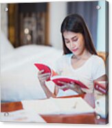 Asian Lady Student Read A Text Book For Prepare To Examination O Acrylic Print