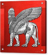 Assyrian Winged Lion - Silver Lamassu Over Red Canvas Acrylic Print