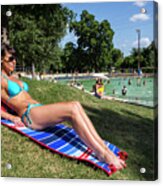 Attractive Model In Bikini At Deep Eddy Pool, Sunbathing On Sunny Day In Austin, Texas Acrylic Print