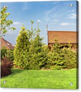 Backyard Of A Family House. Landscaped Garden With Green Mown Grass, Wood Shelter. Acrylic Print