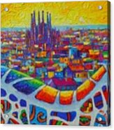 Barcelona View Sagrada From Park Guell Impressionist Abstract City Knife Painting Ana Maria Edulescu Acrylic Print