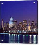 Blue Hour Panorama New York World Trade Center With Freedom Tower From Liberty State Park Acrylic Print