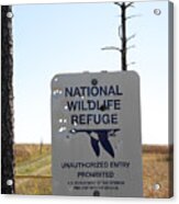 Bullet Holes In Sign At Blackwater Wildlife Refuge In Maryland Acrylic Print