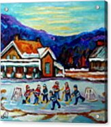 Canadian Painting Pond Hockey Art Cozy Country Cabins Scenes Winter Landscape C Spandau Quebec Art Acrylic Print