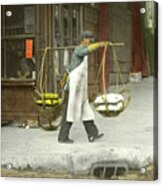 Chinese Man Carrying Produce In Baskets Balanced On Pole Over Shoulder Acrylic Print