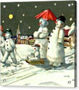 Christmas Night With Snowman Family Acrylic Print