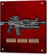Colt  M 4 A 1   S O P M O D  Carbine With 5.56 N A T O Rounds On Red Velvet Acrylic Print